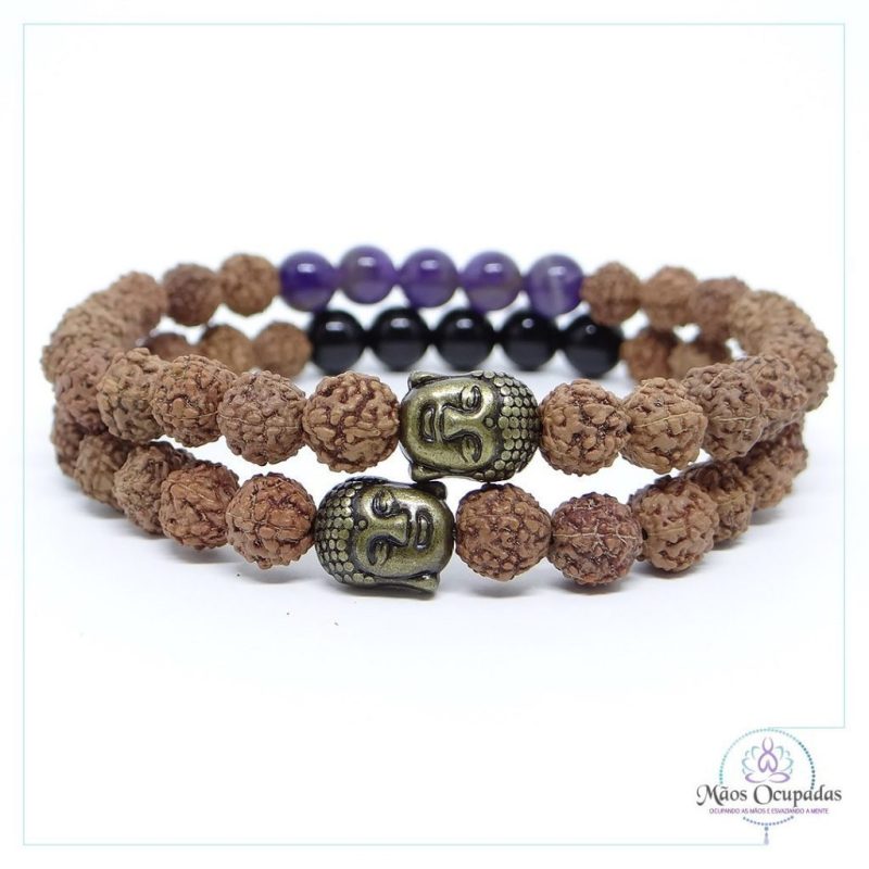 Pulseira japamala 27 contas rudraksha ametista onix buda