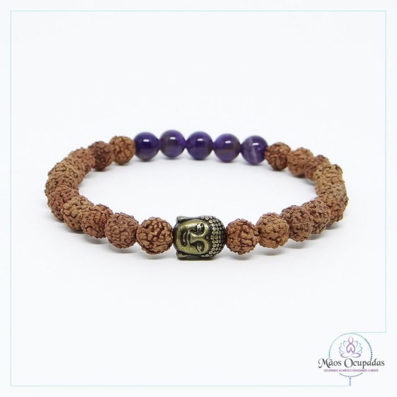 Pulseira japamala 27 contas rudraksha ametista buda