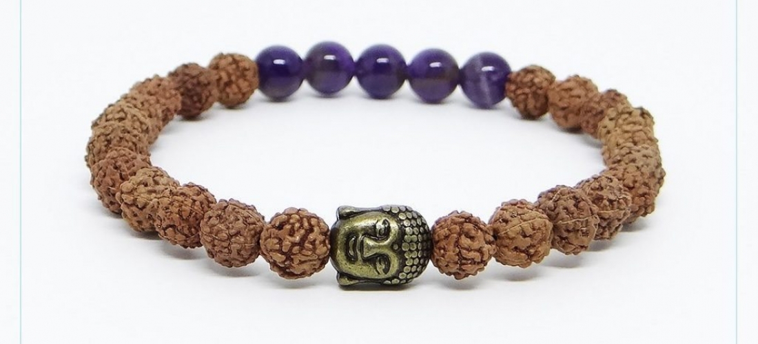 Pulseira japamala 27 contas rudraksha ametista buda